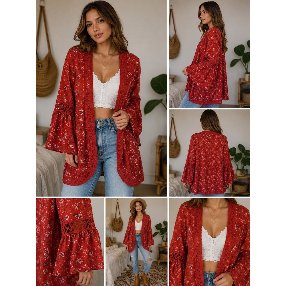 No Boundaries Kimono Rust Red Floral Crochet Lace Bell Sleeve XL Boho, Festival